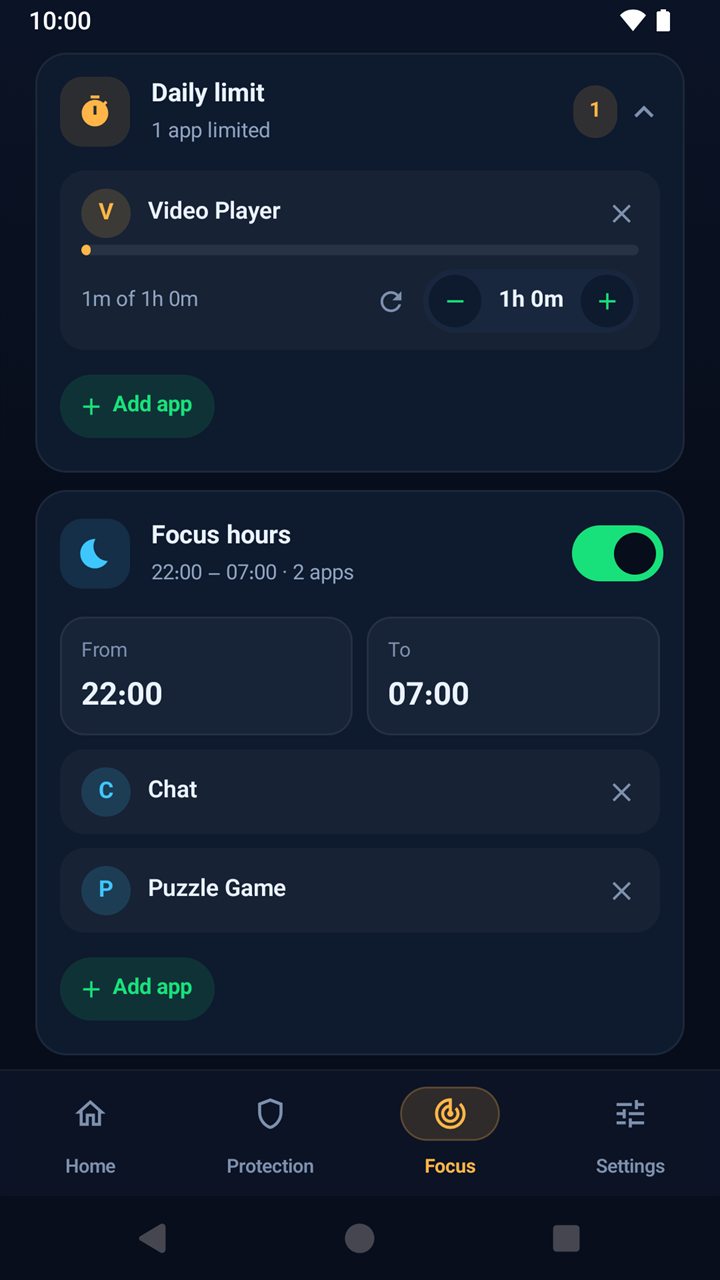 Focus rules: daily limit and focus hours for chosen apps