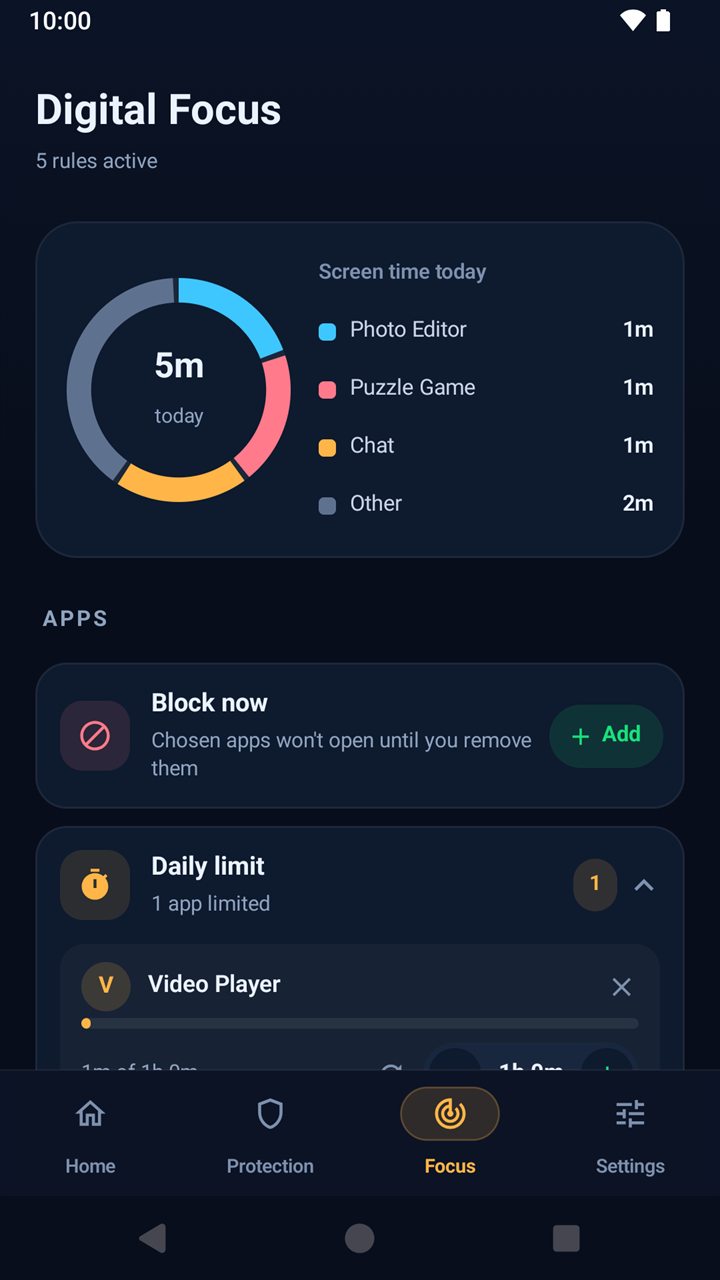 Digital Focus: screen time today with a breakdown by app