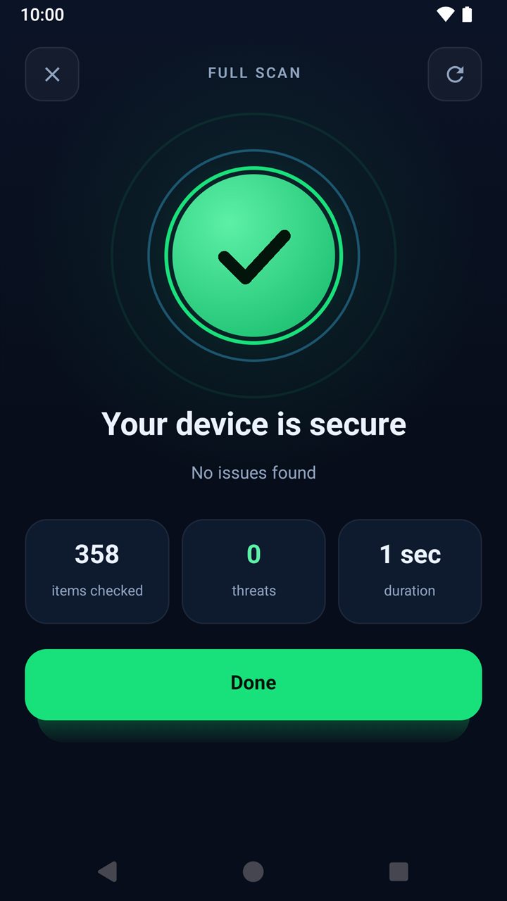 Full scan result: your device is secure, 358 items checked, 0 threats