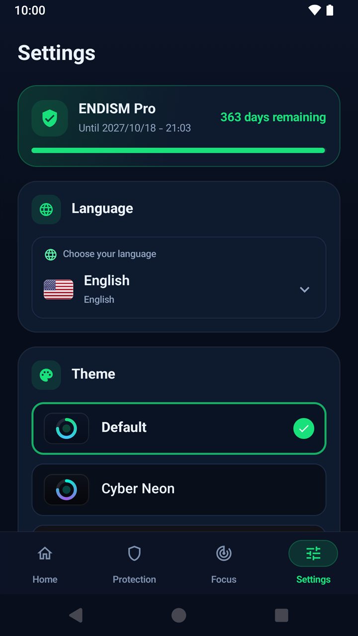 Settings: license, language and themes